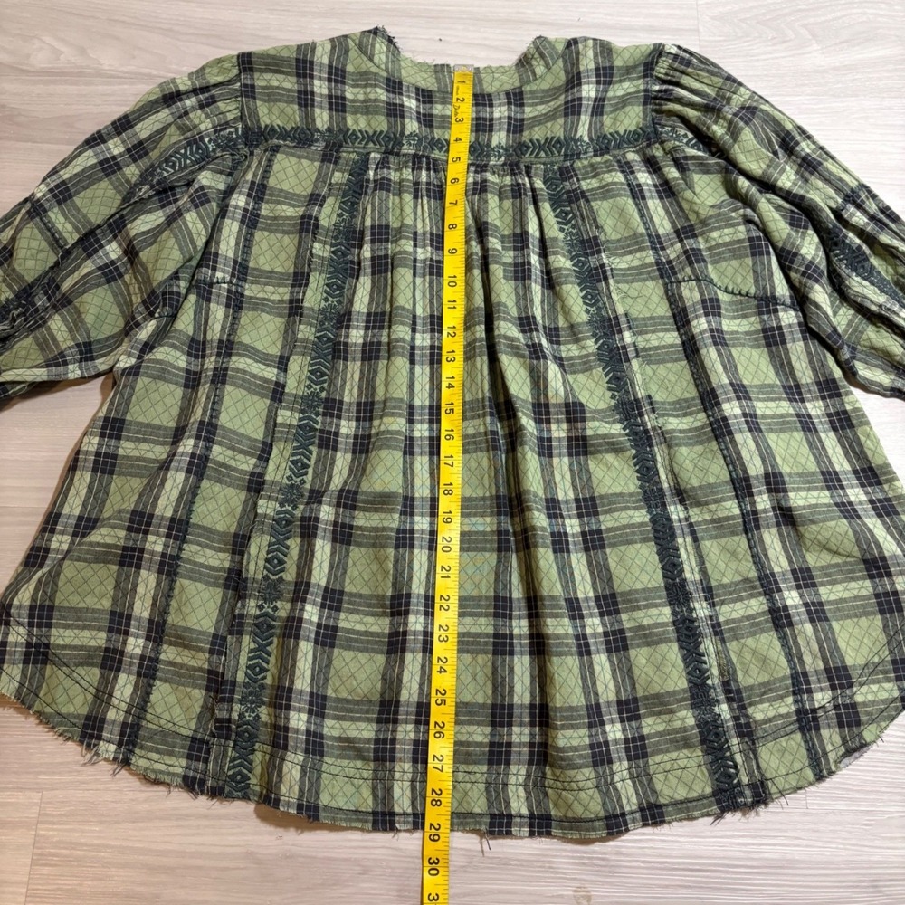Free People Blouse Women Green Plaid Embroidered Henley Boho Raw Hem Size S - Picture 11 of 16